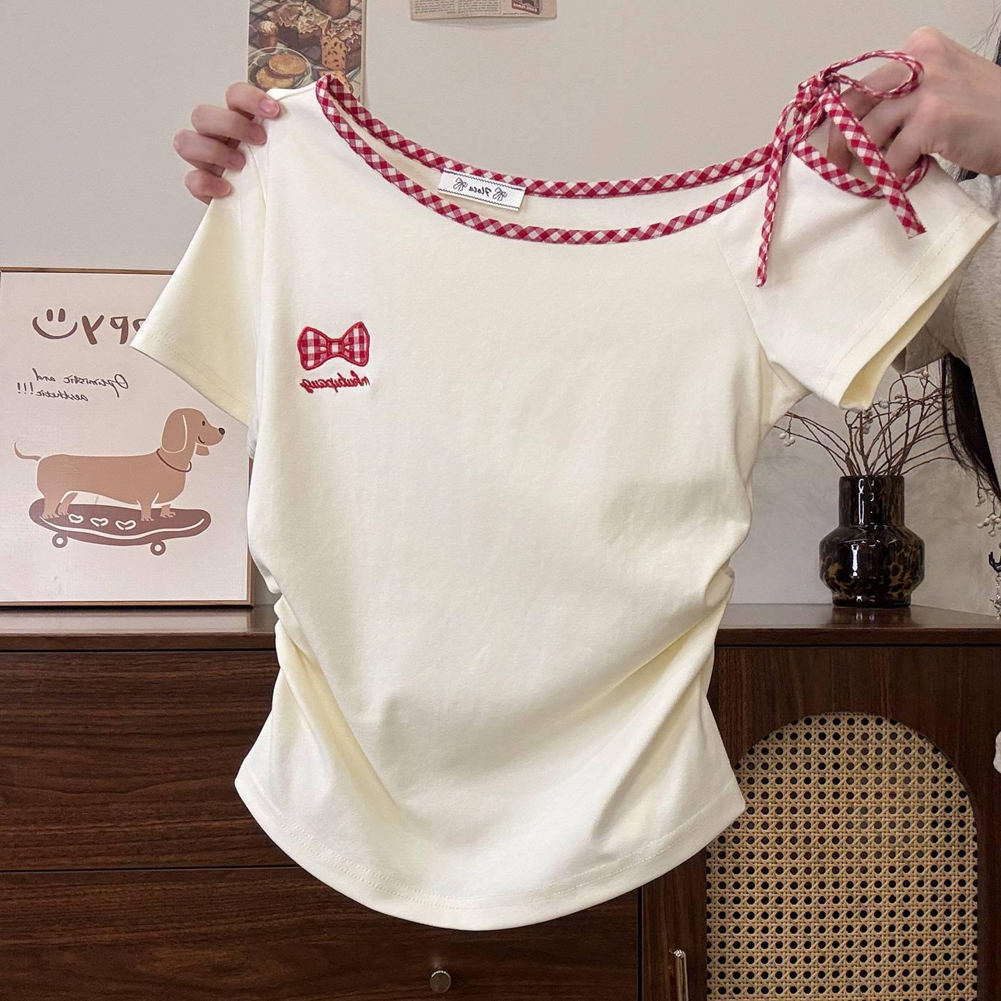 Korean Embroidered Bow Tie Shoulder Cropped T-Shirt - Women s Summer Trendy Sweet Top M
