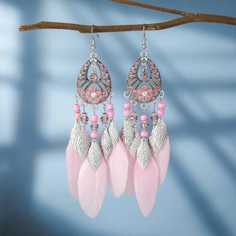 Bohemain Feather Long Earrings For Women Vintage Geometric Handmade Crystal Beads Wedding Drop Dangle Boho Girls Ear Jewelry