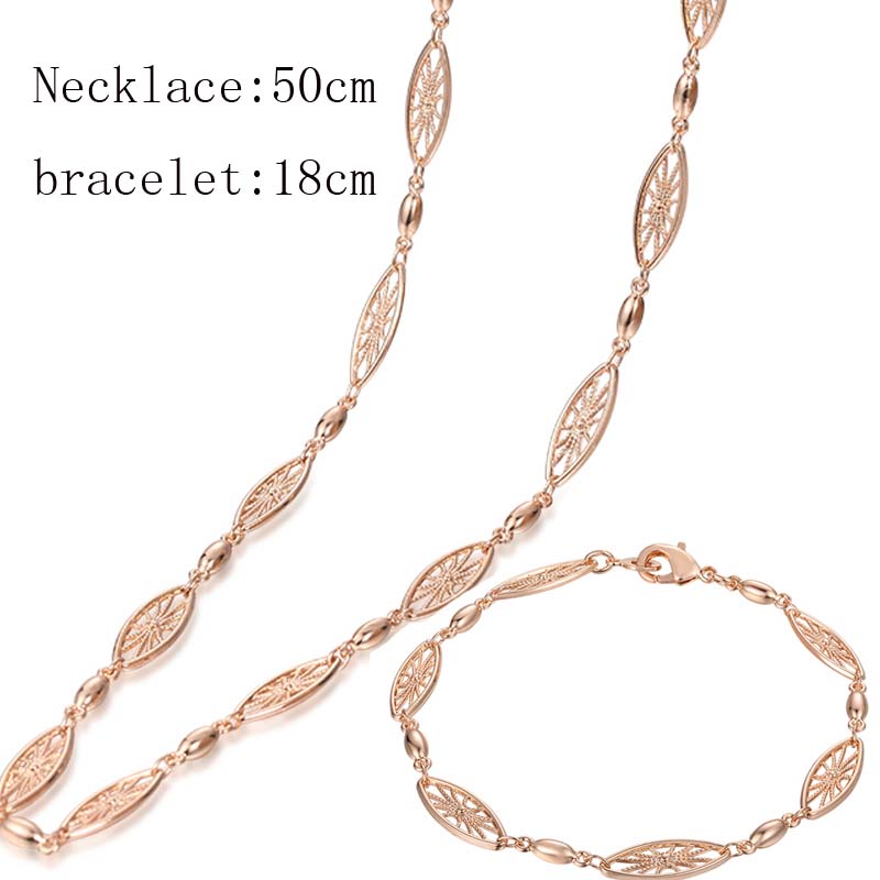

1 Set 6mm Women Necklace Chain 585 Rose Gold Color Plant Oval Bead Bracelet Set Zircon