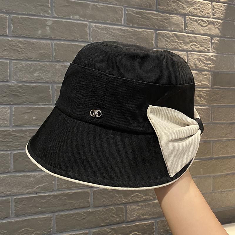 Contrasting color bow bucket hat women's spring and autumn new fashion washbasin hat wide brim versatile face hat