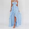 Europe, America spring and summer new sexy lace-up tube top backless lace-up ruffle edge long dress women's clothing