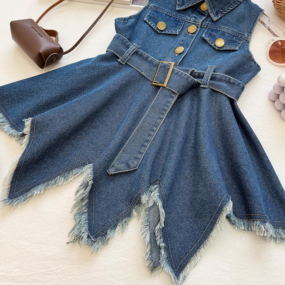 Girls' Trendy Denim Vest Dress: Summer 2026 Waist-Cinched Irregular Frayed Hem Sleeveless Style