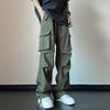 Men Cargo Pants Mid-rise Drawstring Multi Pockets Design Leisure Trousers Solid Color Wide Leg Outdoor Camping Pants Plus Size
