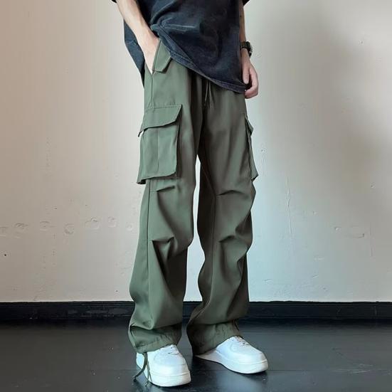 Men Cargo Pants Mid-rise Drawstring Multi Pockets Design Leisure Trousers Solid Color Wide Leg Outdoor Camping Pants Plus Size