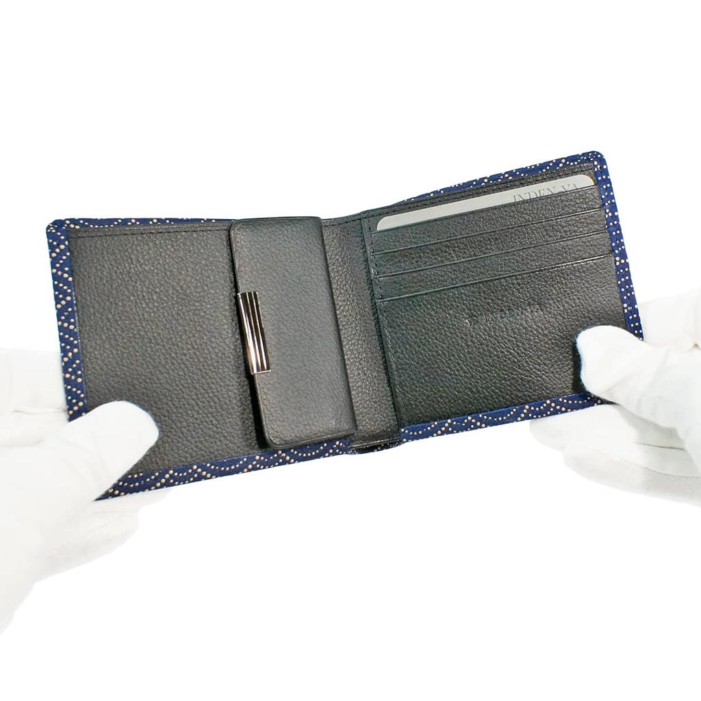 [Inden-ya] Inden Bifold Wallet with Bill Compartment C, Thin Deerskin Leather, Navy Blue with White Lacquer, Seigaiha Pattern, 2003-14-004