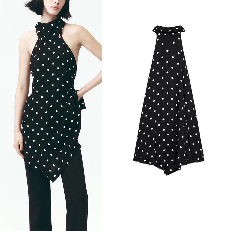 Summer New Product Women's Clothes Bowknot Decoration Asymmetric Hem Design Polka Dot Hanging Collar Tops 3559564