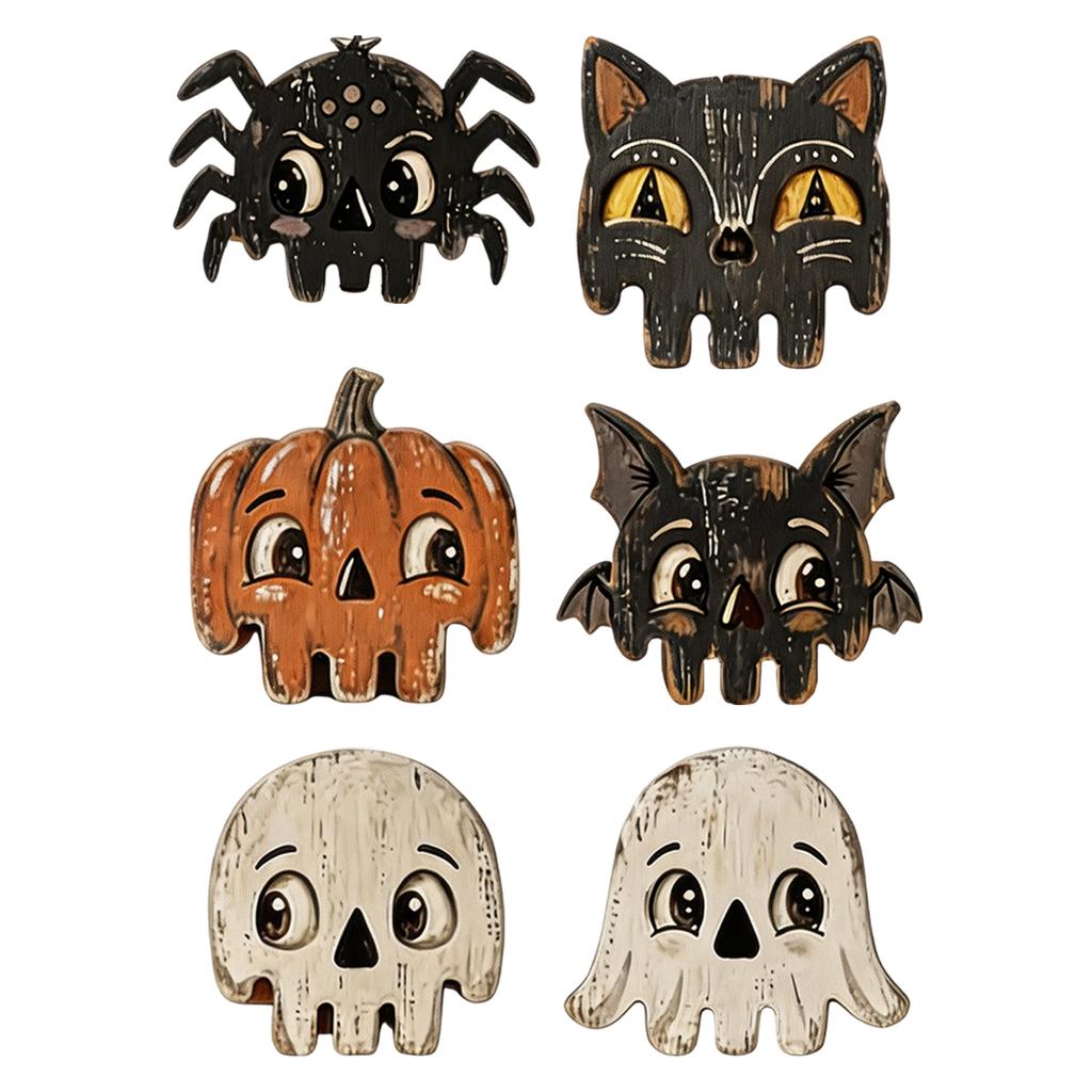 Halloween Wooden Decor, 2D Vintage Distressed Set of 6 for Shelf Mantel Tabletop