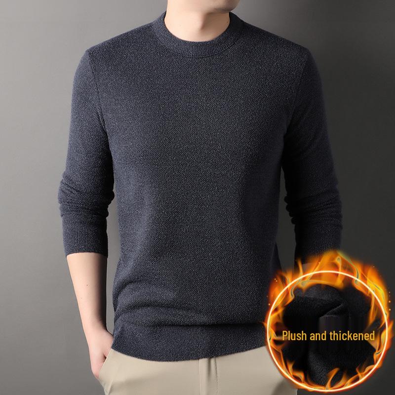 Men's Warm Thickened Knit Sweater - Autumn/Winter Casual, Middle-Aged, Round Neck, Solid Color, Fluffy Velvet.