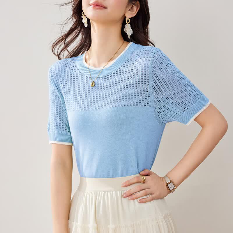 Women s Breathable Viscose Blend Hollow-Out Knit Top M светло-синий