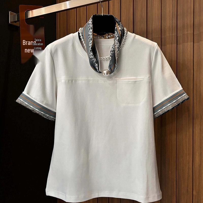 

Women s European Style Color Block Short Sleeve Round Neck T-Shirt 4XL білий