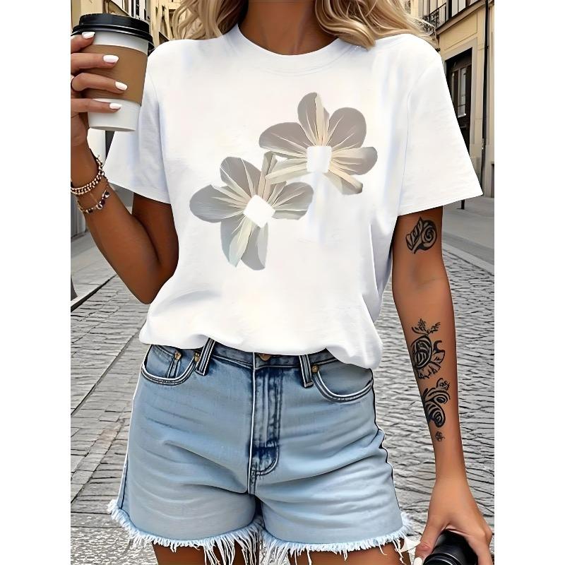 Женская модная футболка - Цветочный креативный дизайн, принт, короткий рукав, европейский размер S