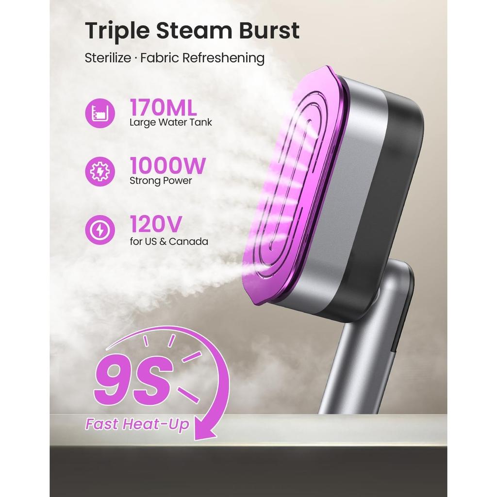 2-in-1 Handdampfglätter und Bügeleisen für Kleidung, 1000-W-Reisedampfglätter mit Keramiksohle, schnelles Aufheizen in 9 Sekunden, auslaufsicherer 170-ml-Wassertank, Selbstreinigung