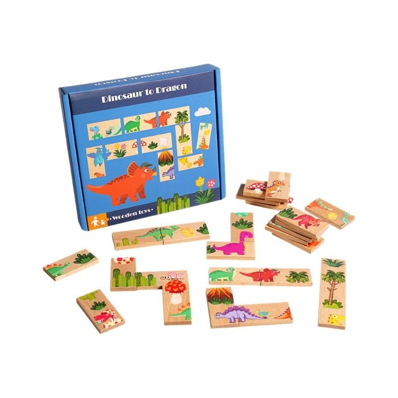 Wooden Dinosaur Dominoes Puzzle Game For Kids Educational Brain Training Toys