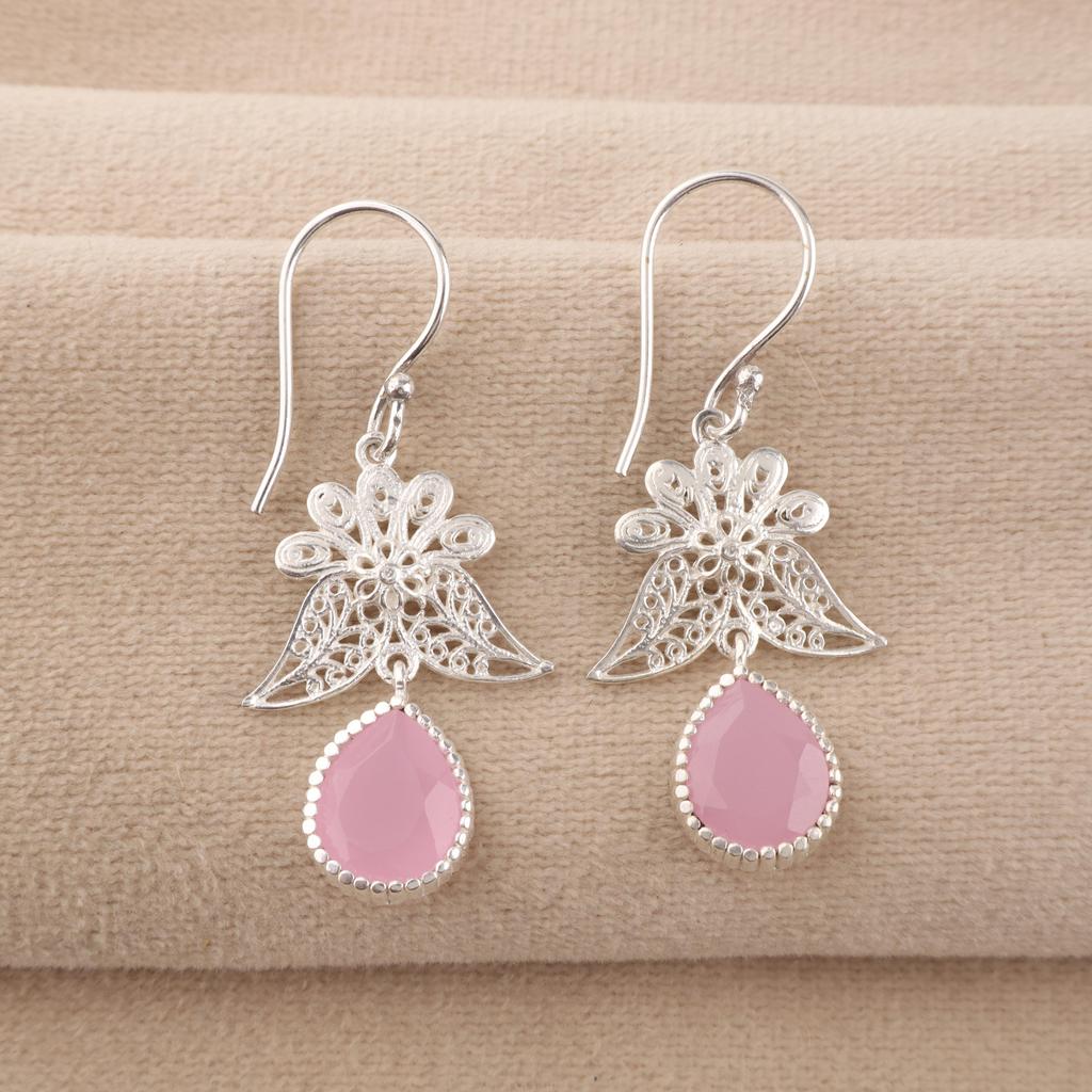 Růžový chalcedon Drahokam 925 Sterlingového Stříbra Šperky Ručně vyráběné Háčkované Náušnice 1,84" K Narozeninovému Dárku CE-23-14