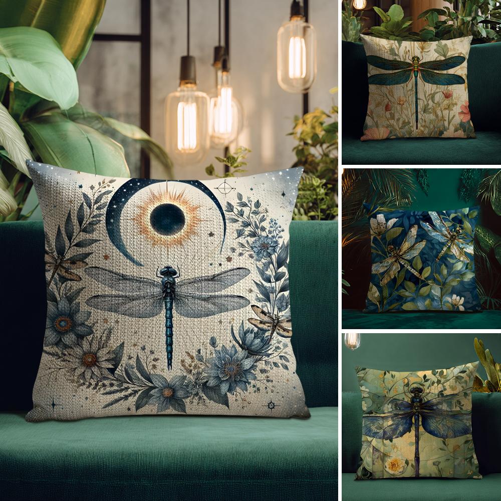 Dragonfly Lotus Luxury Cushion Cover Natural Linen Pillow Case DoubleSided Print Decorative Sofa Pillowcase Home Decor Gift