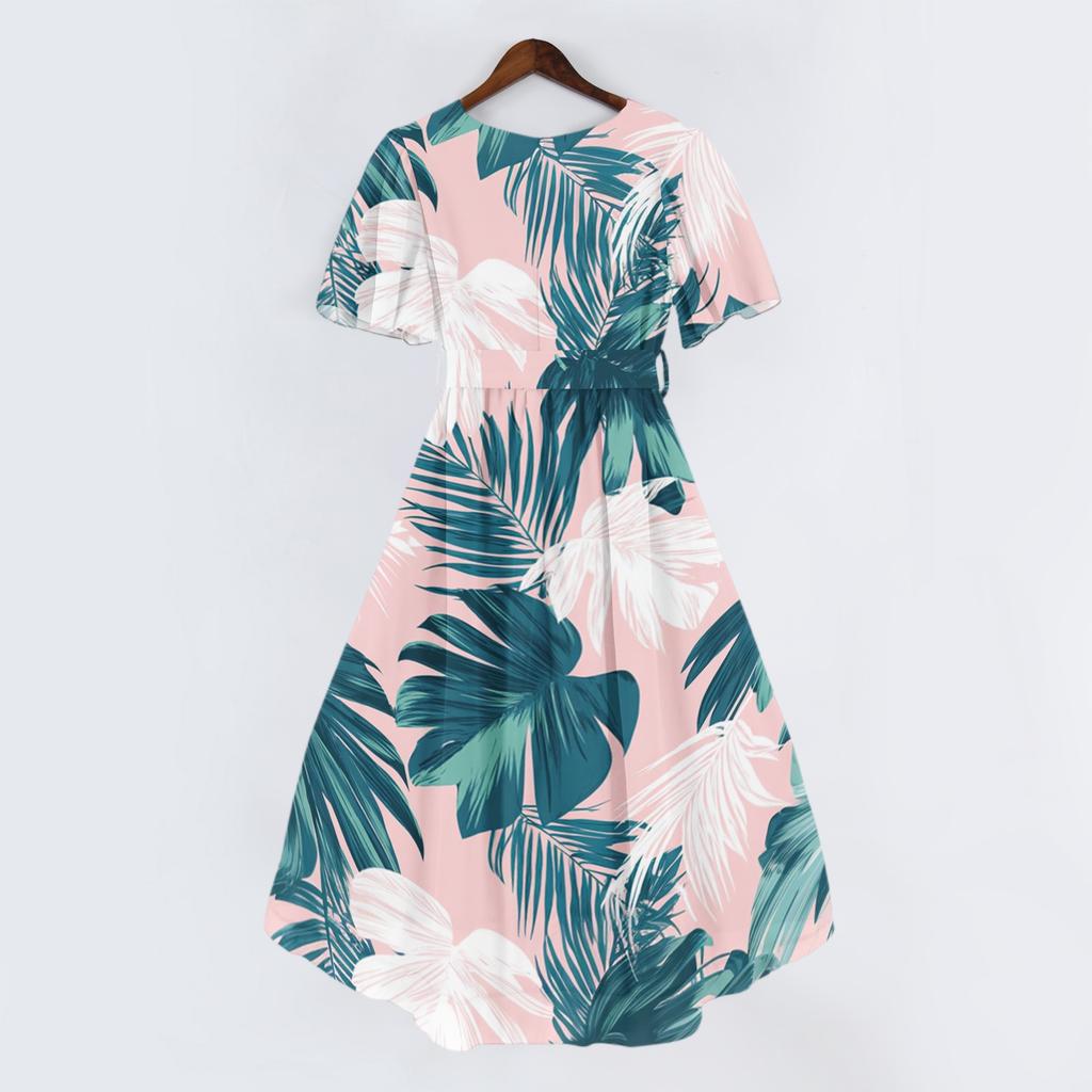 Women's Casual V Neck Short Sleeve Dress Retro Floral Print Midi Dress Lightweight Comfortable Fit Flared Hem Summer Dress