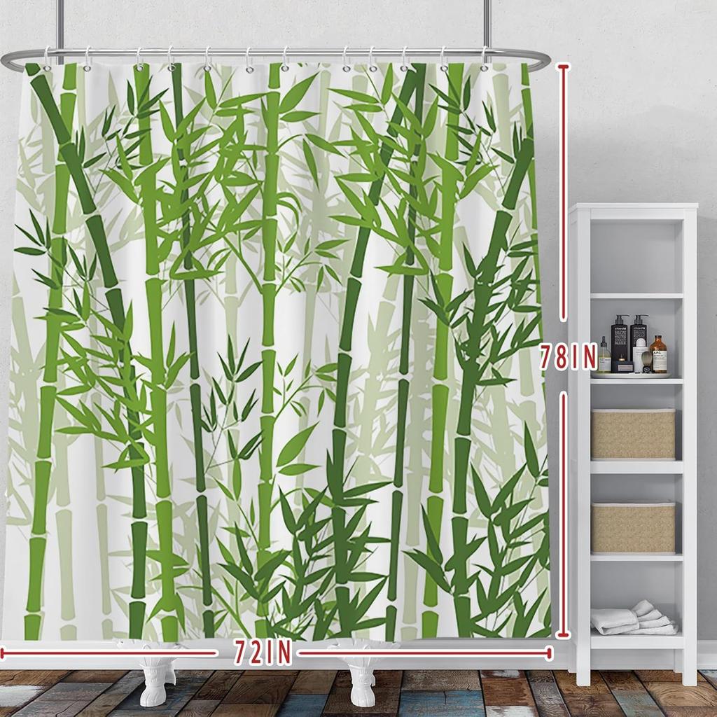 Watercolour Bamboo Shower Curtain Sets Sage Green Botanical Leaves Bath Curtains Shower with 12 Hooks Asian Art Meditation Zen