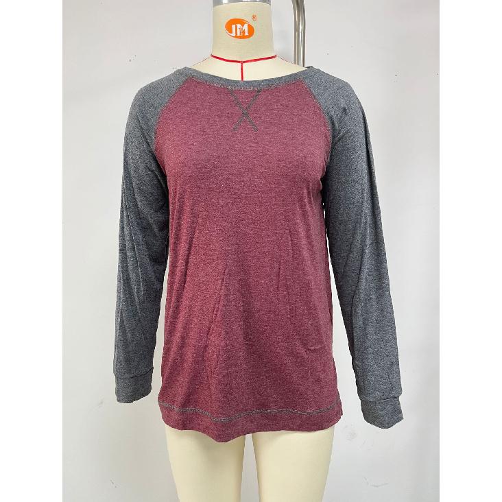 2024 Europäischer und amerikanischer Herbst und Winter, neues Rundhals-T-Shirt mit kontrastierendem, lockerem Langarm und geschlitztem Oberteil für Damen