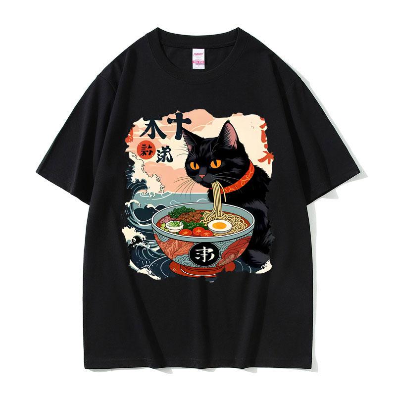 2025 Sommer Lustige Anime Ramen Katze Meme Vintage Japanisch Kawaii Nudelkatzen Grafik T-Shirts Herren Damen 100% Reine Baumwolle T-Shirt