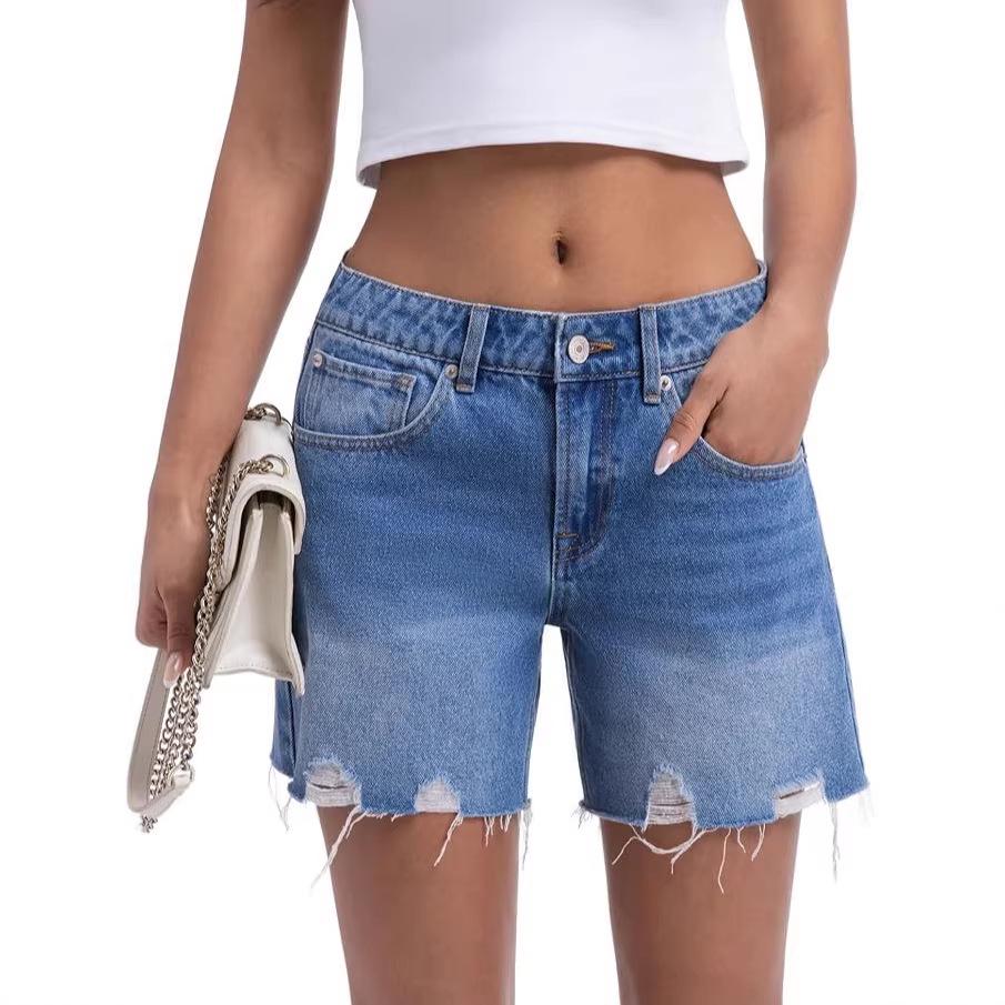 

2026 European Summer Spicy Girl Ripped Raw Hem Denim Shorts for Women XL темно-синий