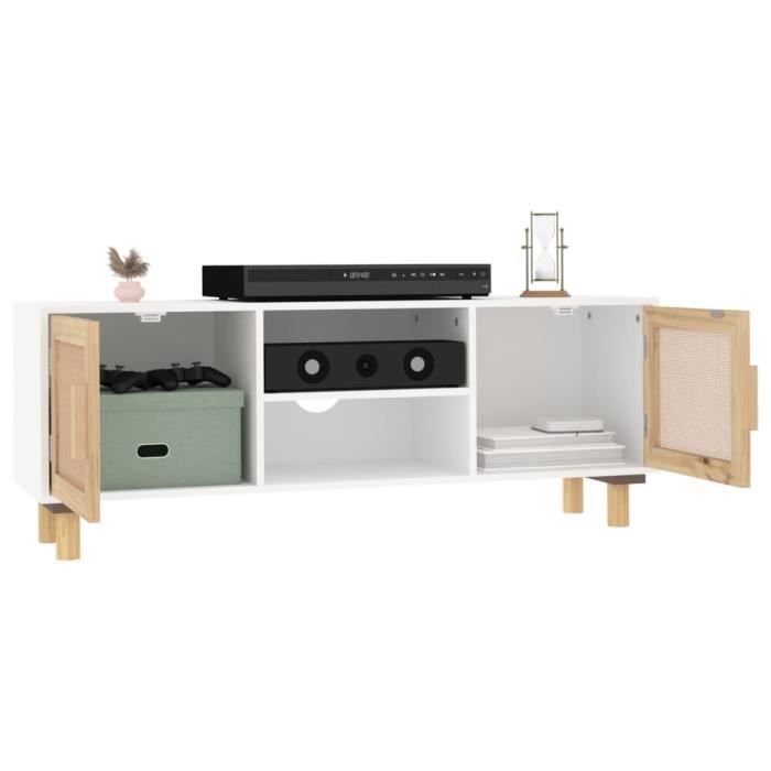 345615 vidaXL TV Stand White 105x30x40cm Solid Pine Wood and Natural Rattan