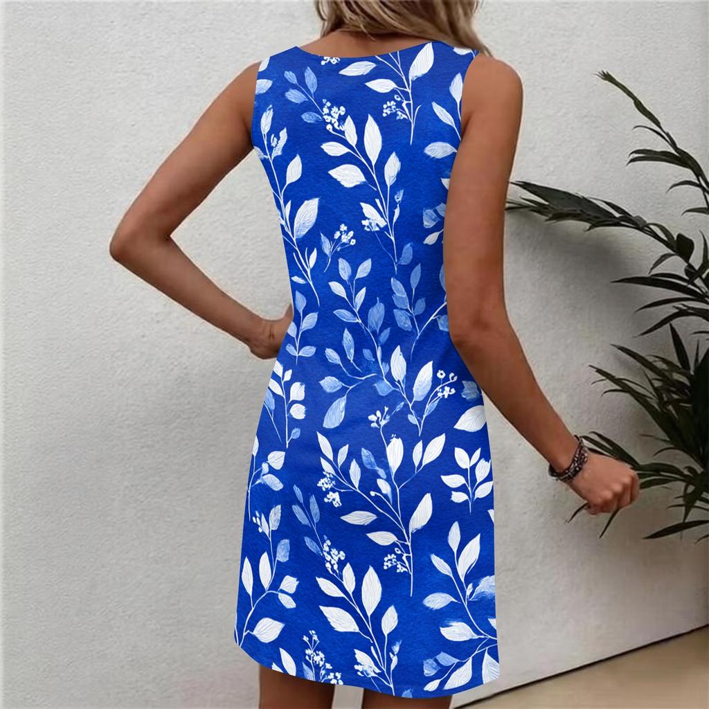 Women's Casual Sleeveless Dress Floral Print Round Neck Summer Beach Dress Lightweight Comfortable Fabric Easy Fit