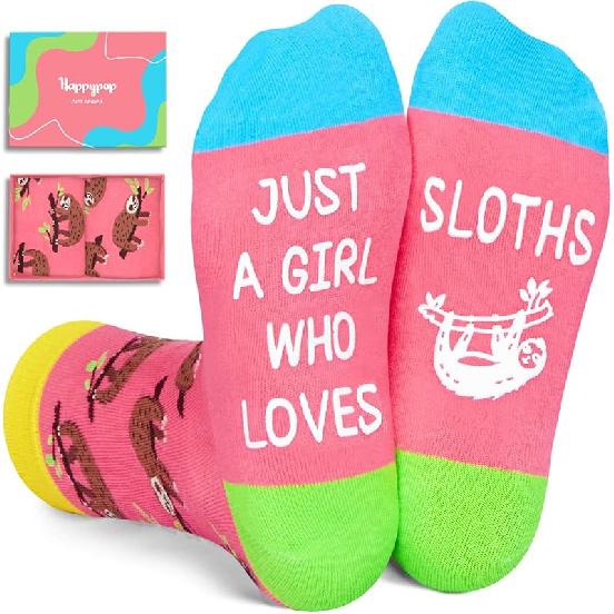 HAPPYPOP Funny Sloth Socks for Kids - Cute Sloth Gifts, Animal Socks for Girls 4-18 Year Old Just Girl Loves Sloth Pin