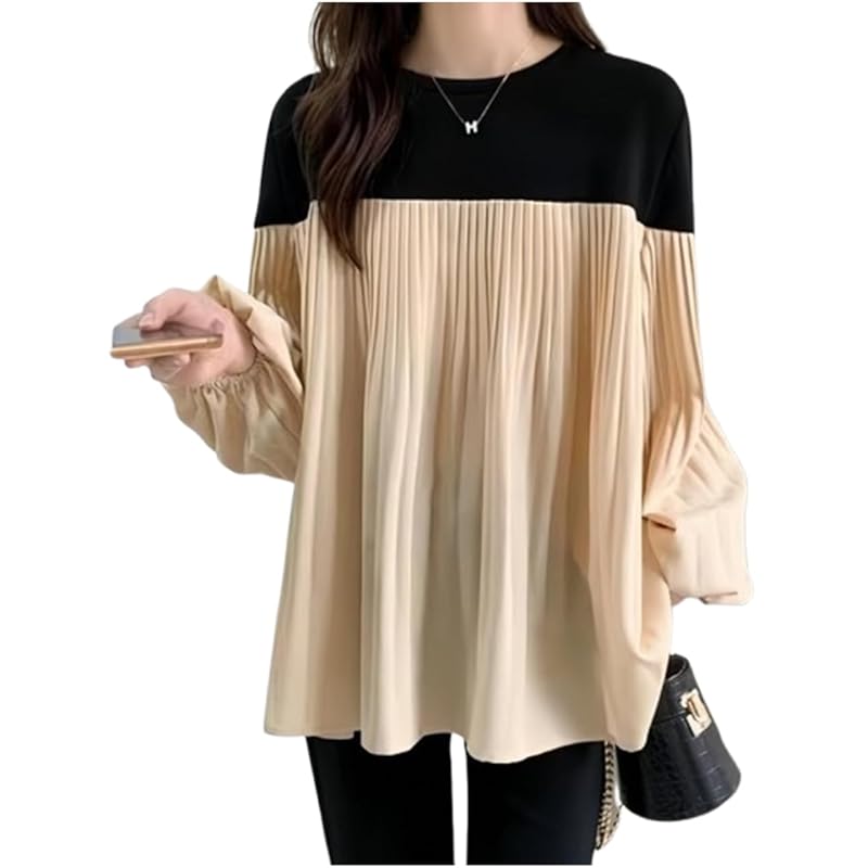 

[Meluse] blouse pleats bicolor tunic tops cuff rubber elegant spring summer autumn ladies pleated tops Stylish cute clothes Soft adult casual Relaxing
