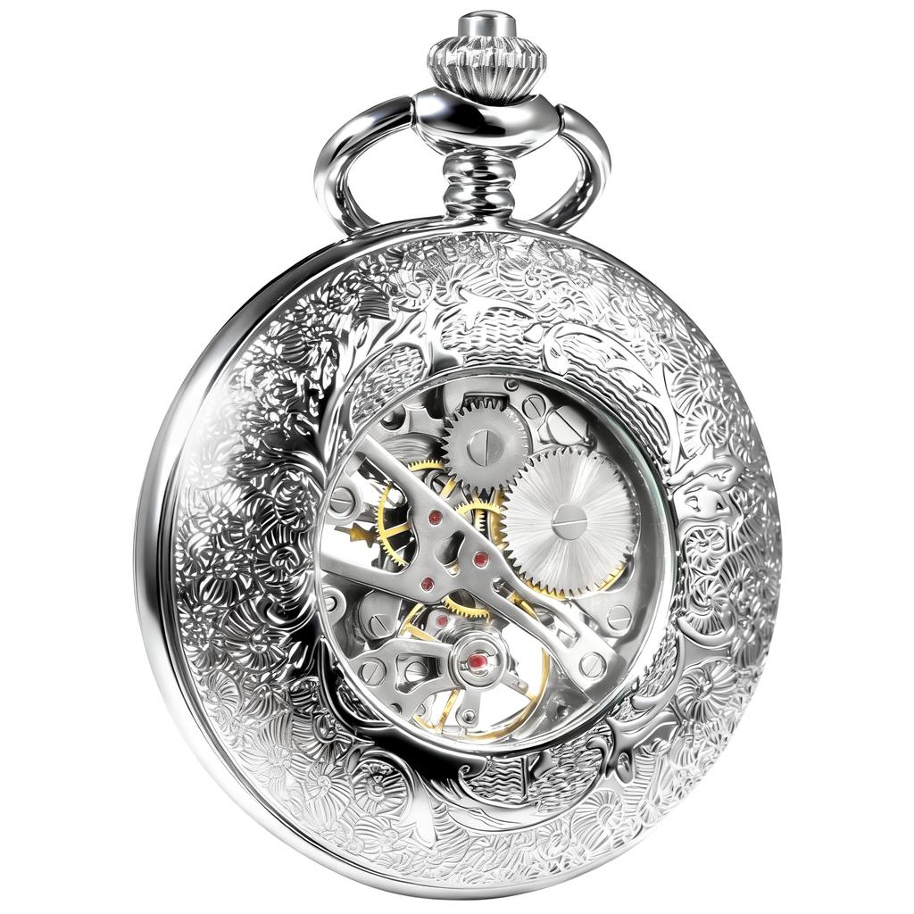 TREEWETO Mechanical Pocket Silver Flower Roman Numerals Watch, Hollow, Vine, Skeleton,