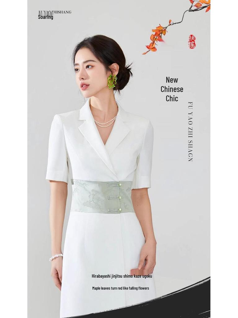 Summer Asymmetrical Color Block Chinese Style Dress - Women's Professional Short Sleeve Workwear