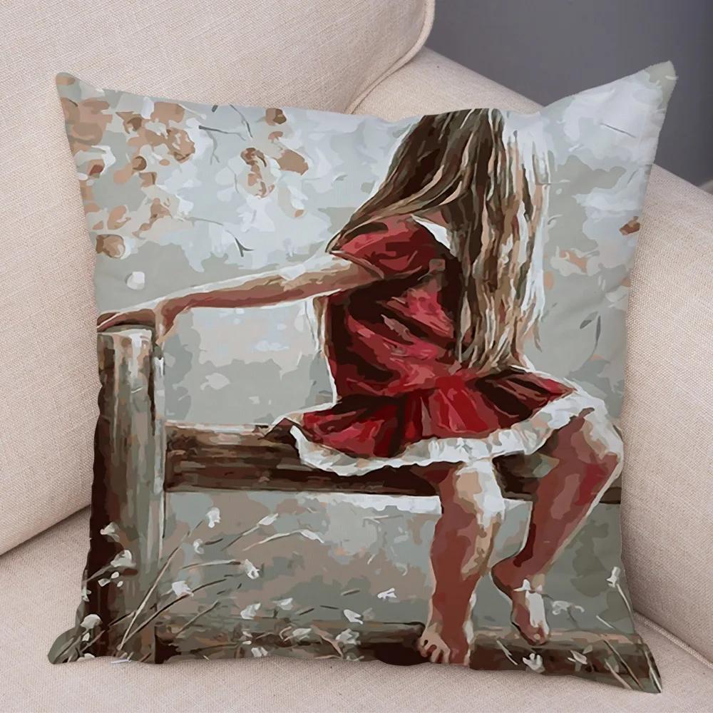 Cute Cartoon Children Cushion Cover Decor Harajuku Oil Painting Lady Pillowcase for Sofa Home Soft Plush Throw Pillow Case