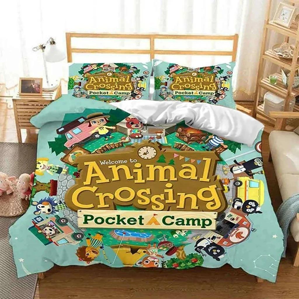 Kreskówkowy Zestaw Pościeli Animal Crossing Chłopcy Dziewczynki Rozmiar Twin Queen Poszwa na Kołdrę Poszewka na Poduszkę Łóżko Dzieci Dorośli Moda Tekstylia Domowe
