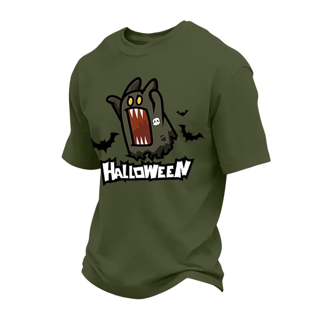 Men's Short Sleeve Round Neck T-Shirt with Halloween Print and Letter Pattern