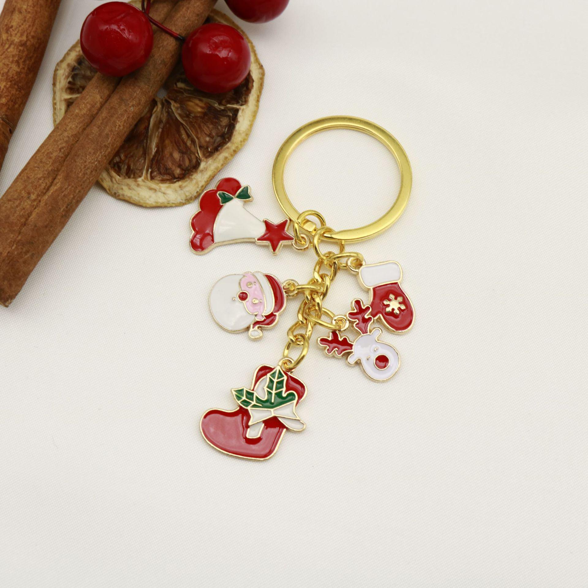 Christmas Alloy Santa Claus Pendant & Bell Keychain with Snowflake Charm