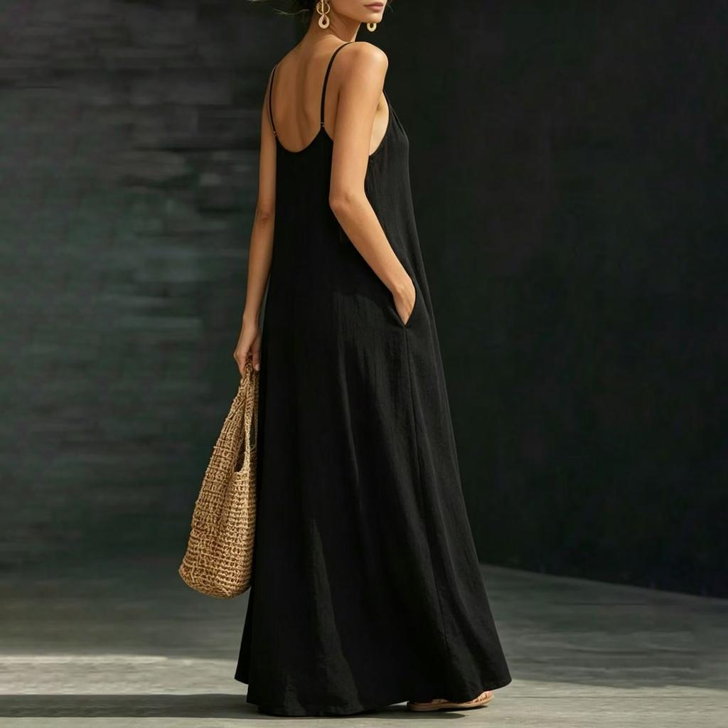 Women's Sleeveless Maxi Dress with Adjustable Spaghetti Straps Flowy Loose Fit Long Sundress with Pockets for Casual Wear