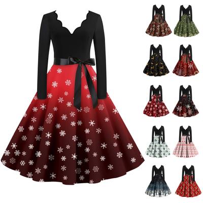 Women's Casual Fashion V-neck Long Sleeved Retro Christmas Print Retro Dress Autumn
