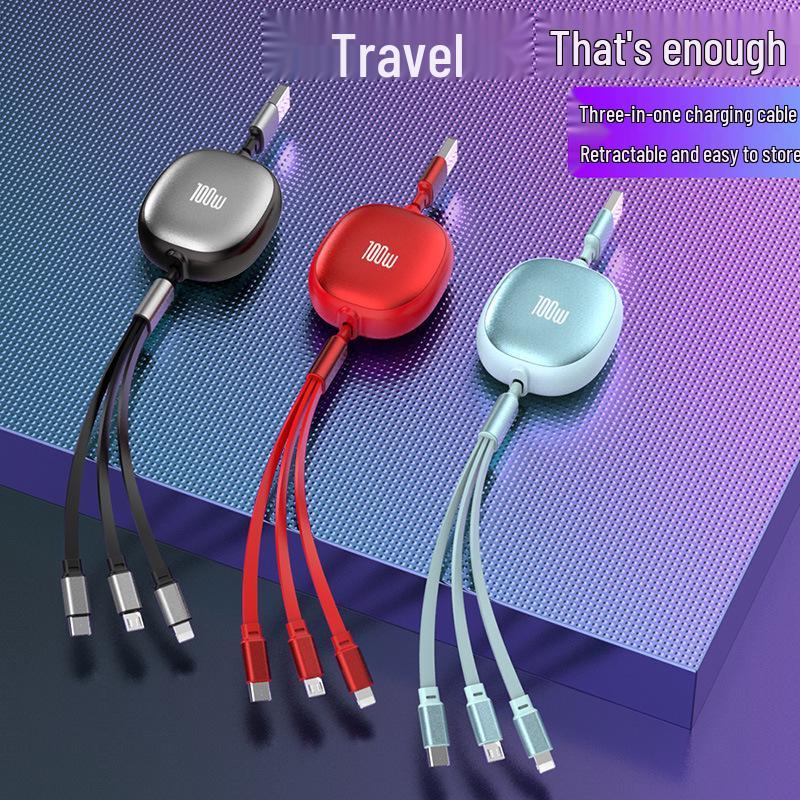 100W Retractable 3-in-1 Fast Charge & Data Cable for Apple, Huawei, Android – PD Charging Compatible.