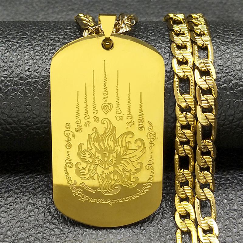 Thaise Boeddhistische Geschriften Lotus Tag Negenstaartige Vos Hanger Ketting voor Vrouwen Mannen Roestvrij Staal Goudkleur Boeddhisme Sieraden