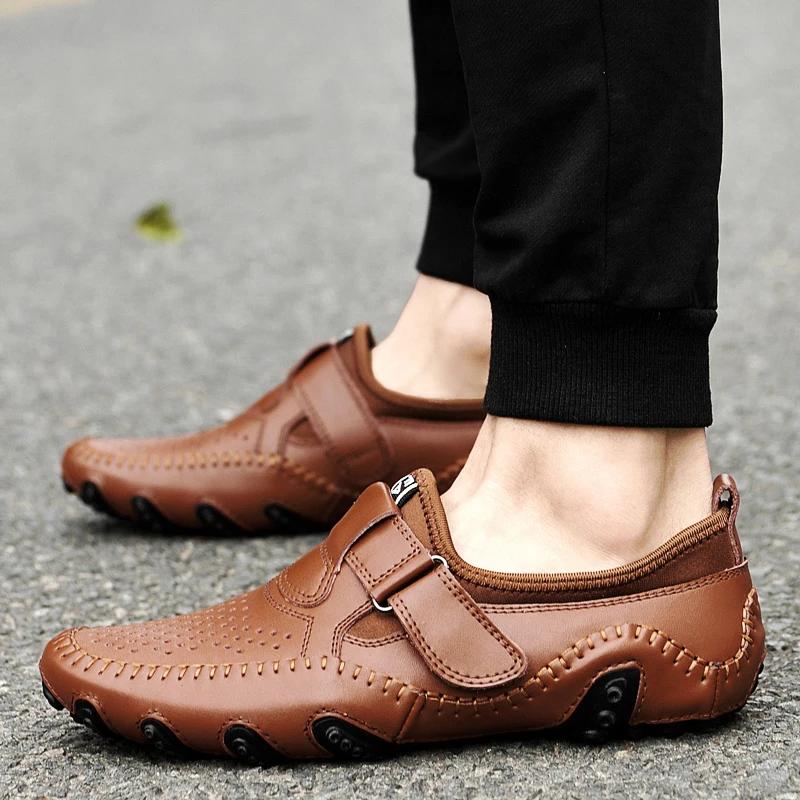 High Quality Casual Leather Outdoor Antiskid Loafers Breathable Flat Designer Handmade Soft Bottom Walking Shoes Plus Size 38-47