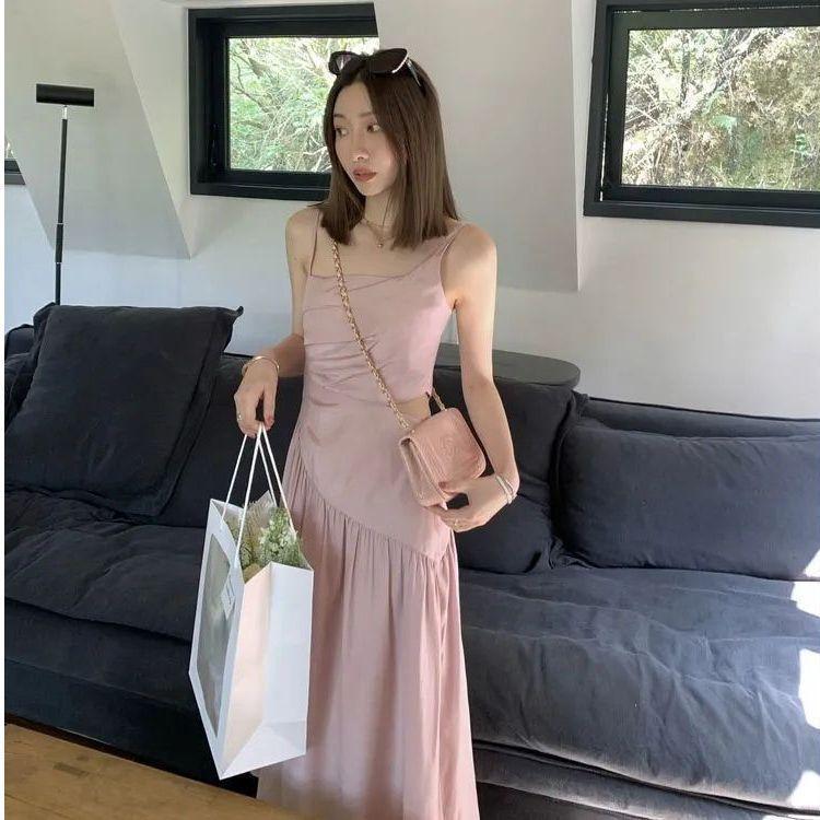 Royal sister fashion style irregular pleated suspender dress women's new high-end sense light luxury waist thin long skirt
