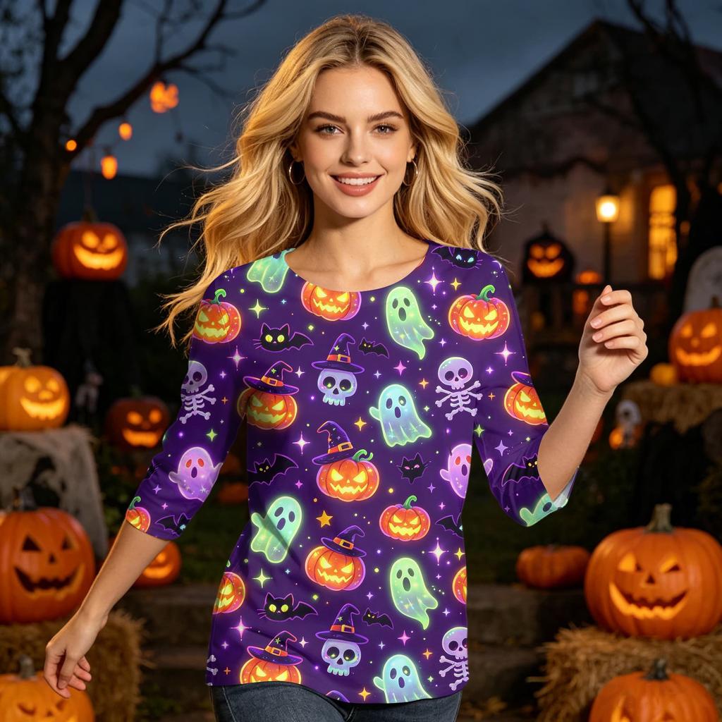 Women's Casual Three Quarter Sleeve Crew Neck Top Halloween Pattern Printed Lightweight Pullover Shirt for Everyday Wear
