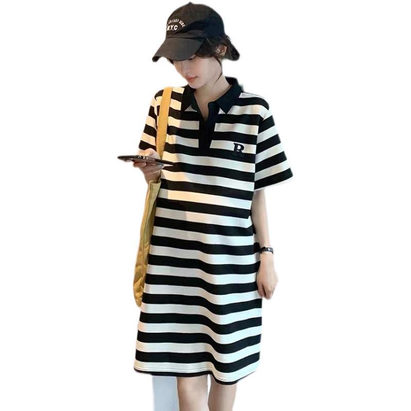 Fairy Striped Polo Maternity Summer Dress - Loose, Retro-Style for Comfort and Elegance