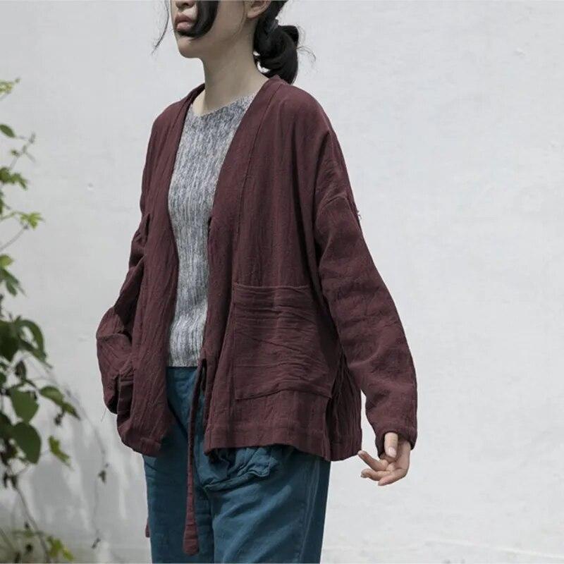 Johnature Dámské bundy s bandáží v čínském stylu Jednobarevné Kabáty s výstřihem do V s dlouhým rukávem Bavlna Len Vintage Podzim Dámské bundy