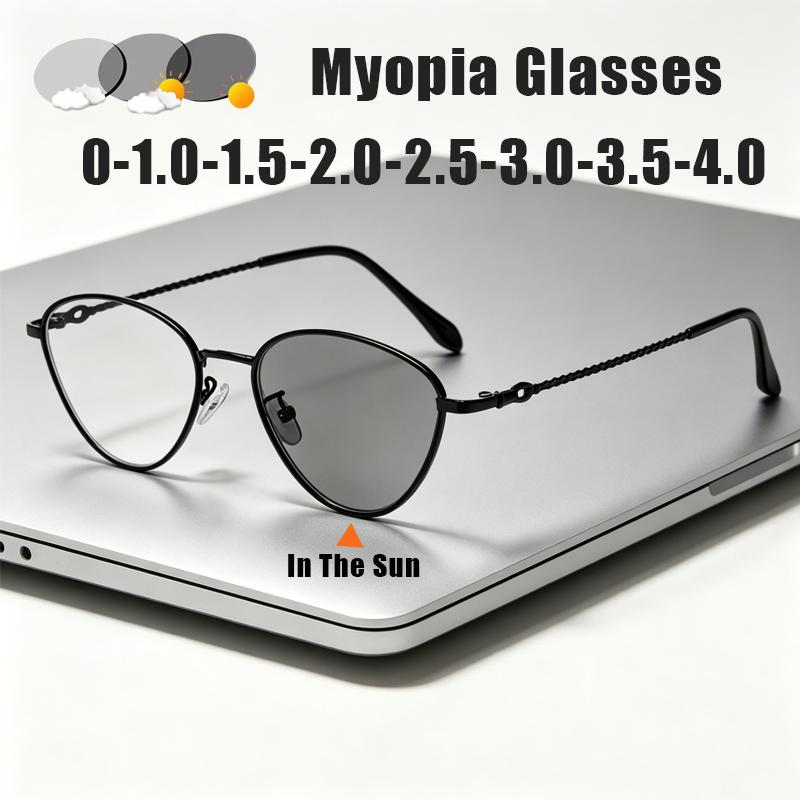 Cat's Eye Photochromic Myopia Glasses Anti Blue Light Metal-Frame Color-Changing Lenses Men's and Women's Shortsighted Glasses
