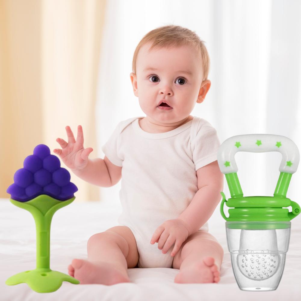 Baby Fruit Feeder & Teether Combo – Soft Silicone Feeding Nibbler and Teething Toy Set