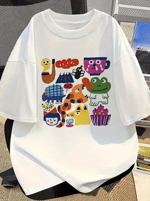 Ladies Y2K Cartoon Graffiti Printed Tshirt with Fun Design Soft and Breathable Short Sleeved Pure Cotton Top Harajuku Shirt Top