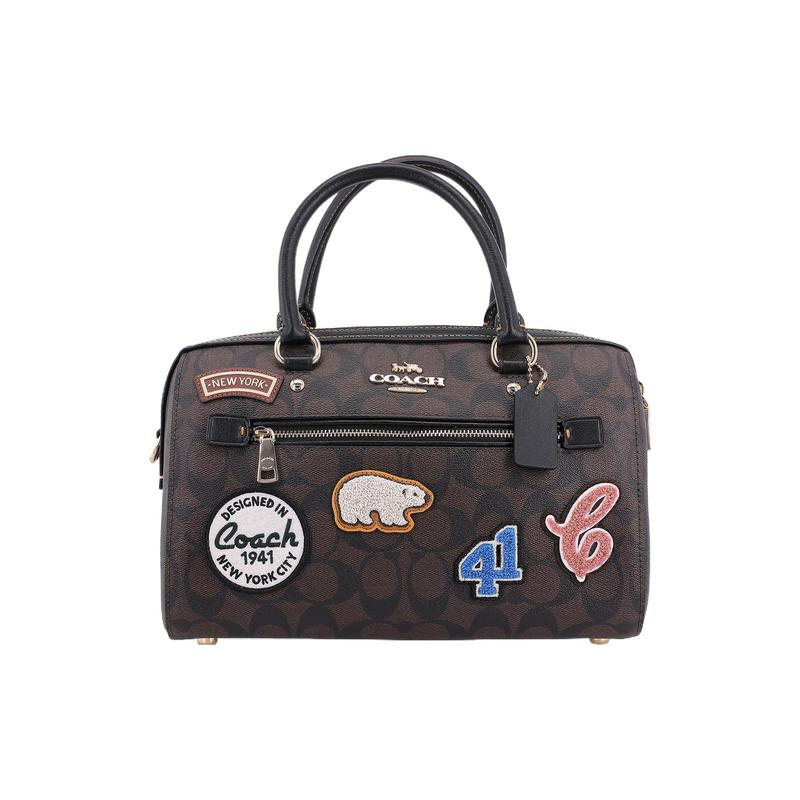 

COACH Rowan 27 classic presbyopia zipper closure ski patch decoration canvas and leather shoulder crossbody handbag large size women s dark brown коричневий