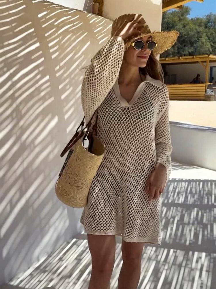 EDOLYNSA Solid Colour Beach Knit Mini Dress Women's Summer Sexy Hollow Out Long Sleeve Swimsuit Cover Up Boho Holiday Loose Beachwear K17