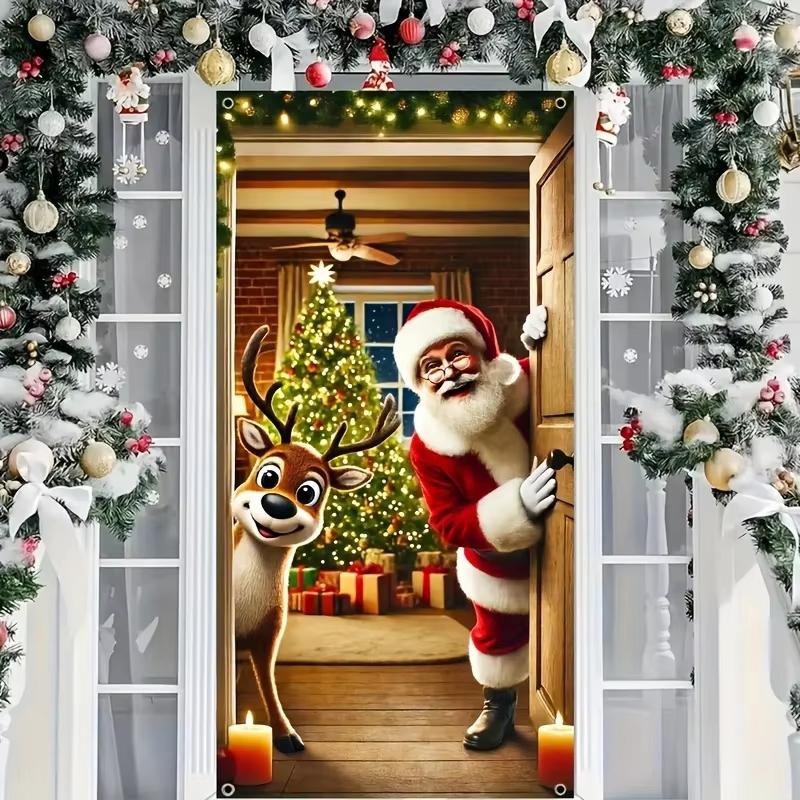 Cute Winter Santa And Deer Door Cover Decoration Outdoor Christmas Hanging Banner Backdrop