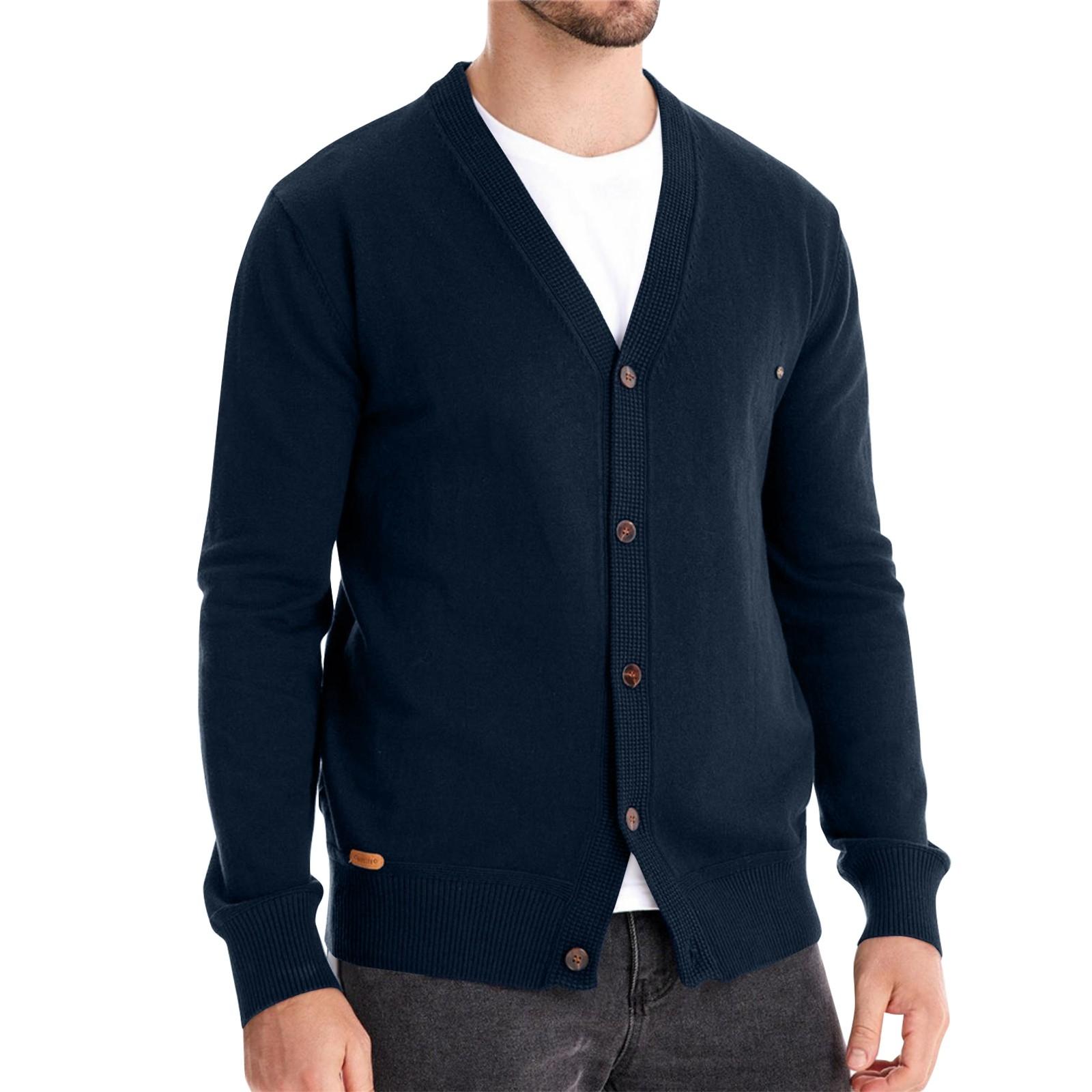 

Мужская зимняя однотонная куртка-свитер с длинным рукавом, мужской свободный однотонный вязаный кардиган на пуговицах XL тёмно-синий